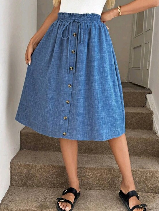 Dresses & Skirts - Women Light Blue Denim Effect A-Line Skirt, Loose Fit, For Autumn Vacatio